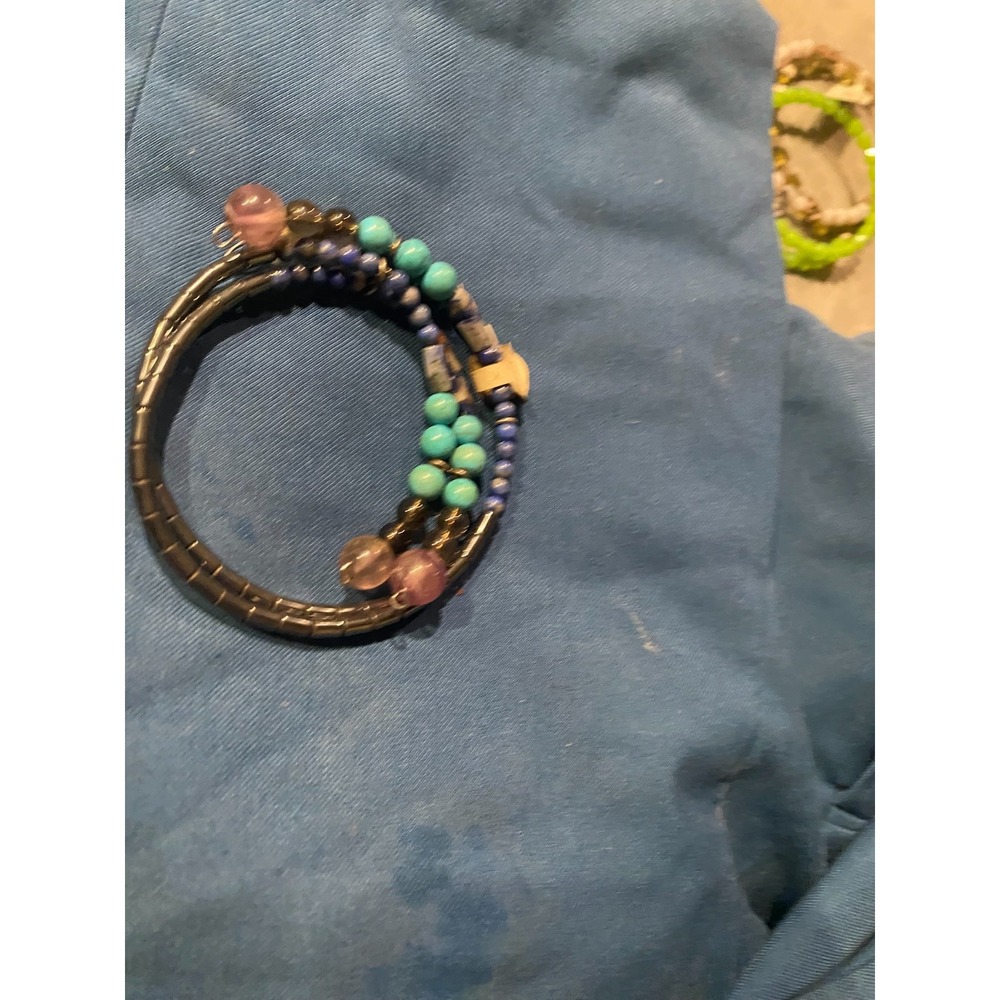 Turquoise Sodalite Hematite Beaded Bangle Wrap Bracelet Blue Green Metallic
